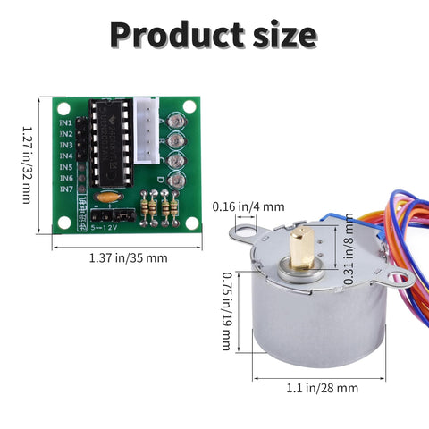 Two Sets 28BYJ48 5V DC Stepper Motor With ULN2003 Driver Board showing dimensions of 35mm by 32mm and motor size