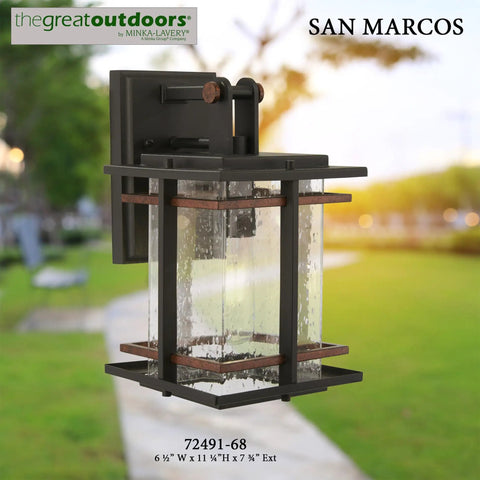 Outdoor Wall Light With A Dope Black And Copper Finish, 11.25 Inches High, 6.5 Inches Wide, Extends 7.75 Inches From Wall, Glass Panels