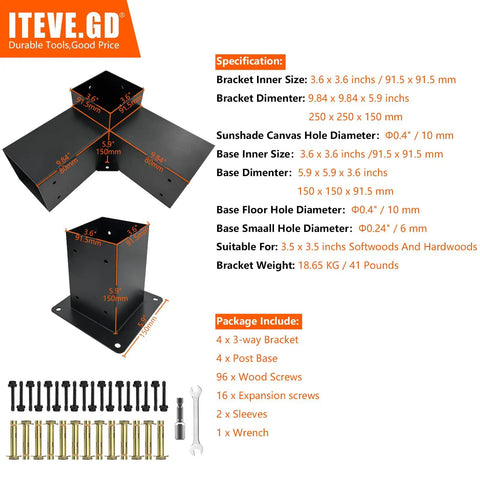 3 Way Pergola Corner Bracket Kit With Post Anchor Base For 4 By 4 Posts To Beam Built Tough 13 Gauge Steel Heavy Duty Outdoor Brackets For Porches Gazebos And Cabins DIY 8 Pack Rust Resistant Powder Coated