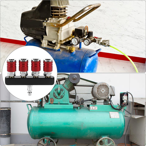 Four Way Straight Air Manifold With Five Ports And One Quarter NPT Inlets Aluminum Line Type Splitter attached to air compressors