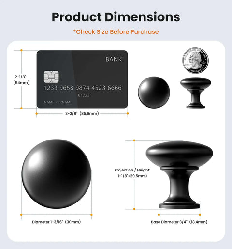 Beefy Matte Black Zinc Alloy Cabinet Knobs 5 Pack dimensions, size comparison with card, diameter and height details visible.