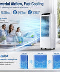 Beast Mode 4500 CFM Evaporative Air Cooler Slices Through Summer Heat With 13.2 Gallon Tank, 90 Degree Pivot, 8 Hour Timer And Wireless Remote in a living room, showcasing airflow.