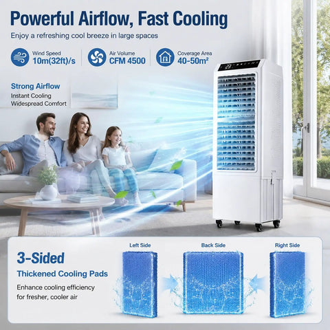 Beast Mode 4500 CFM Evaporative Air Cooler Slices Through Summer Heat With 13.2 Gallon Tank, 90 Degree Pivot, 8 Hour Timer And Wireless Remote in a living room, showcasing airflow.