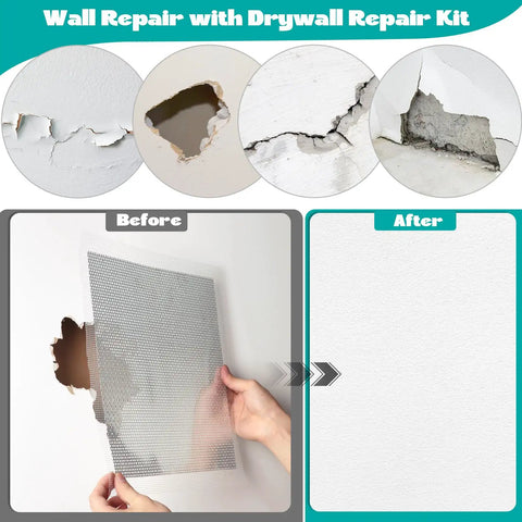 Using 3 Piece Drywall Repair Kit For Large Holes And Cracks Self Adhesive 12 By 12 Inch Patches With Sandpaper And Scrapers on damaged wall
