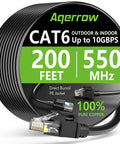 Outdoor Cat6 Ethernet Cable 200 Ft 24 AWG Copper, 550MHz Direct Burial Waterproof LLDPE UV Jacket, 10Gbps LAN Patch Cord.