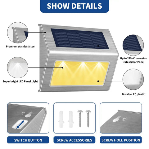 Stainless Steel Solar Step Lights Outdoor Waterproof LED Path Lights For Garden Yard Patio Deck Warm White 6 Pack Easy Install