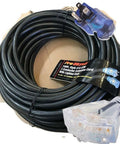 Heavy Duty 200 Ft Outdoor Extension Cord With 14 Gauge 3-Conductor SJTW, Lighted End And Triple Outlet coiled on surface