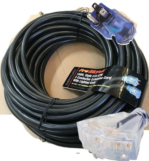 Heavy Duty 200 Ft Outdoor Extension Cord With 14 Gauge 3-Conductor SJTW, Lighted End And Triple Outlet coiled on surface