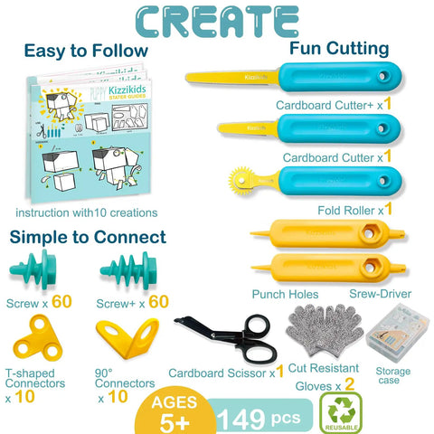 Cardboard Tools Kit For Kids With Cutter And Tool Box, 149 Piece Cardboard Construction Set; includes cutters, connectors, gloves, age 5+