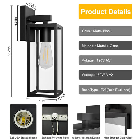 Slick Matte Black Outdoor Wall Sconce With Clear Glass And Rock Solid Frame For Front Door waterproof porch lantern side view dimensions