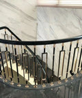Game Changing Black And Gold Aluminum Stair Balusters Featuring 270 Degree Adjustable Brackets For Easy Indoor Or Outdoor Railing Projects No Sweat Installation Weather Resistant Spindles 20 Pack in a curved staircase.