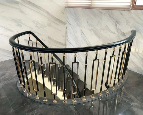 Game Changing Black And Gold Aluminum Stair Balusters Featuring 270 Degree Adjustable Brackets For Easy Indoor Or Outdoor Railing Projects No Sweat Installation Weather Resistant Spindles 20 Pack in a curved staircase.