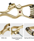 300A Welding Ground Clamp With Solid Brass T Style Precision Jaw showing wide jaw, hexagonal screw, and spring with insulator, heavy duty design