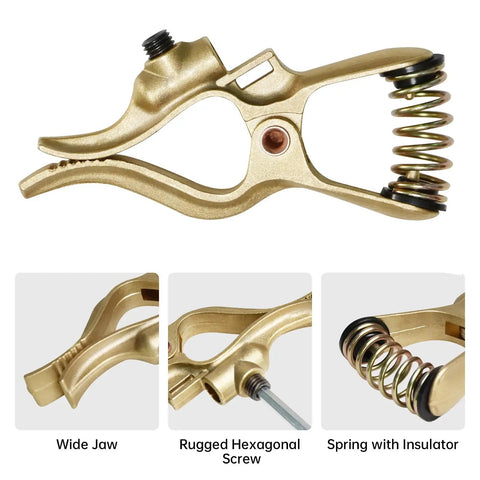 300A Welding Ground Clamp With Solid Brass T Style Precision Jaw showing wide jaw, hexagonal screw, and spring with insulator, heavy duty design