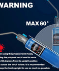 Trigger Start Gas Welding Torch Head For Propane And MAP PRO Fuel shown with warning about angle usage, blue handle with label