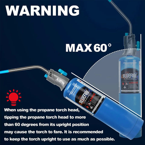 Trigger Start Gas Welding Torch Head For Propane And MAP PRO Fuel shown with warning about angle usage, blue handle with label
