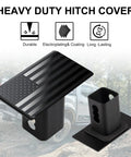 Heavy Duty American Flag Trailer Hitch Cover For 2 Inch Receivers Built To Last Metal Tow Hitch Shield With Rust Resistant Coating Fits Five Eighth Inch Pins Rugged Truck Accessory For A Bold All American Look displayed with black and white flag design