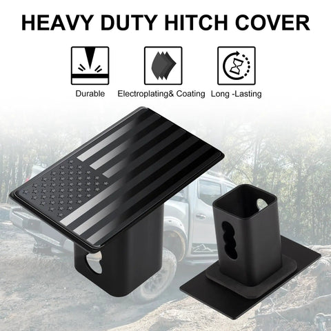 Heavy Duty American Flag Trailer Hitch Cover For 2 Inch Receivers Built To Last Metal Tow Hitch Shield With Rust Resistant Coating Fits Five Eighth Inch Pins Rugged Truck Accessory For A Bold All American Look displayed with black and white flag design