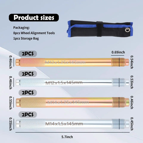 8 Piece Wheel Alignment Tool Kit With Lug Bolts For Tire Changing Includes Four Sizes 12mm By 1.25 12mm By 1.5 14mm By 1.25 14mm By 1.5 Garage Ready Pro Grade Automotive Tools With Storage Bag shown with sizing details and storage bag