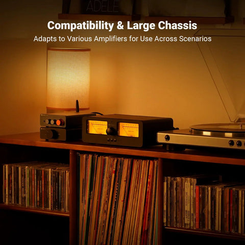 LC30 VU Meter Amplifier And 2 In 2 Out Speaker Switcher With Remote on shelf beside turntable and vinyl records