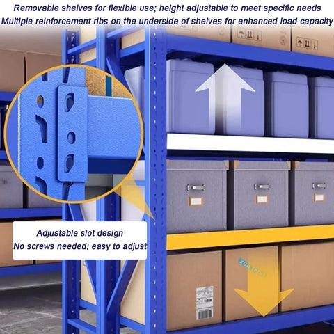 Close-up of adjustable slots on Badass Heavy Duty Garage Shelving Units with reinforced steel for organization and load capacity.