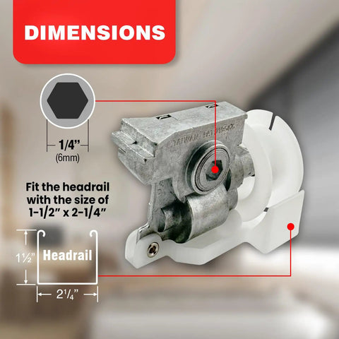 Heavy Duty Low Profile Metal Cord Tilter For 2 Inch Blinds dimensions graphic showing 1/4 inch hex fit and headrail size.