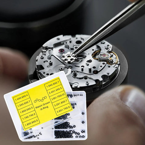 Watch repair with Pro Grade Rubber O Rings And Seal Washers Set, showcasing heat-resistant gaskets for waterproof maintenance.