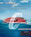 Mini RC Boat For Kids 8 To 12 Years Old 2.4GHz Remote With 360 Degree Spin over water with control insets displayed.
