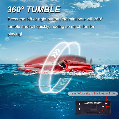 Mini RC Boat For Kids 8 To 12 Years Old 2.4GHz Remote With 360 Degree Spin over water with control insets displayed.