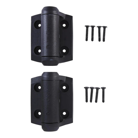 TruClose Narrow Spring Hinges 2-Pack Self-Closing Gate Hardware In Black Polymer with screws, for metal gates.