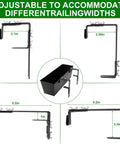 Set Of Four Heavy Duty Metal Railing Planters, 16 Inch Rectangular Window Boxes with adjustable brackets and measurements.