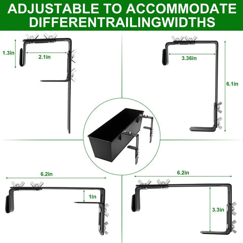 Set Of Four Heavy Duty Metal Railing Planters, 16 Inch Rectangular Window Boxes with adjustable brackets and measurements.