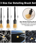 Car detailing brushes with boar bristles shown in three sizes for use on wheels and interior. Images of each brush and usage examples.