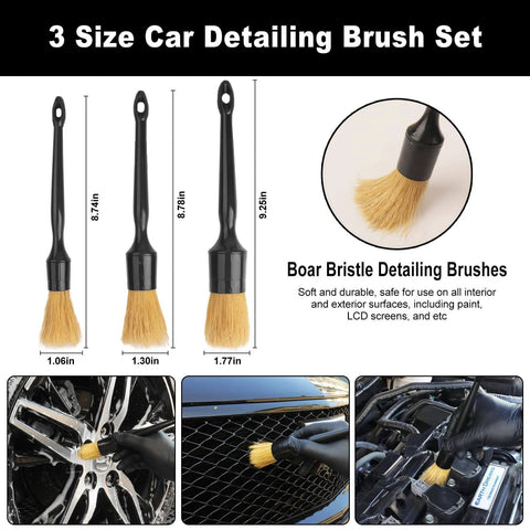 Car detailing brushes with boar bristles shown in three sizes for use on wheels and interior. Images of each brush and usage examples.