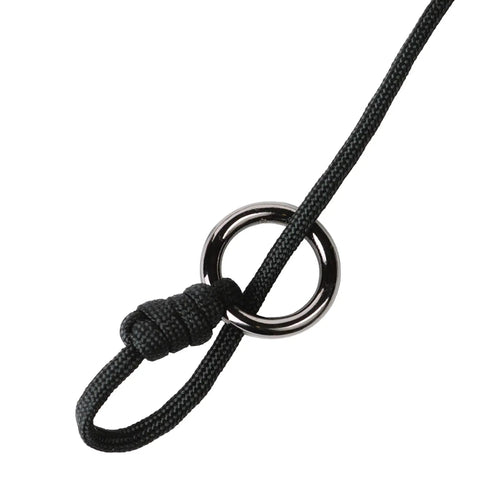 Close-up of Rugged Paracord Bird Tote Carrier With 12 Drop Slip Ring System showing a metal ring and knotted paracord detail.