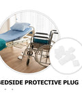 Bed in hospital with wheelchair, inset shows Bedside Rail End Caps 10 Pack For Bed Safety Rails 1.2x1.2 Inch Handrail Protectors
