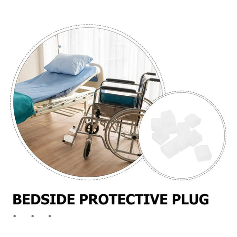Bed in hospital with wheelchair, inset shows Bedside Rail End Caps 10 Pack For Bed Safety Rails 1.2x1.2 Inch Handrail Protectors