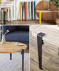 Sleek F Shape Metal Table Legs Set Of Four With Quick Install, featuring designs on various tables, showcasing their sturdy build.