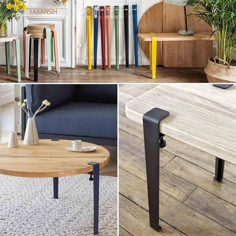 Sleek F Shape Metal Table Legs Set Of Four With Quick Install, featuring designs on various tables, showcasing their sturdy build.