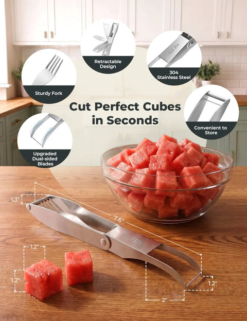 Watermelon Cutter With Retractable Fork 2 In 1 Stainless Steel Fruit Slicer on kitchen counter with cubed melon