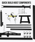 Heavy Duty Hydraulic Engine Hoist Two Ton Folding Shop Crane Telescopic Boom Six Rolling Casters Shop components laid out for assembly.