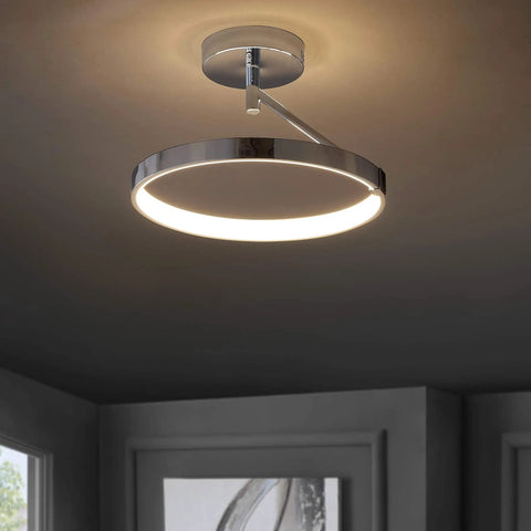 Chrome 17.5 Inch 1 Light Metal Semi Flush Mount Light With Integrated LED For Bathroom Ceiling, Sick Minimalist Aluminum Fixture, Dimmable And ETL Listed illuminated on grey ceiling