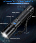 3 Pack Rechargeable 99,000 Lumens LED Flashlights With Adjustable Focus And 5 Modes IPX7 featuring advanced components, labeled details.
