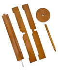 Disassembled wooden pieces of Wooden Katana Stand For Tatami Mats And Cutting Practice, showing sturdy wood sword holder parts.