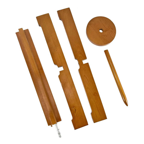 Disassembled wooden pieces of Wooden Katana Stand For Tatami Mats And Cutting Practice, showing sturdy wood sword holder parts.