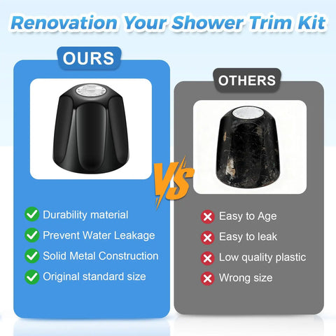 Comparison of 3 Piece Matte Black Tub And Shower Knob Replacement Kit and old knob, showing durability and design differences