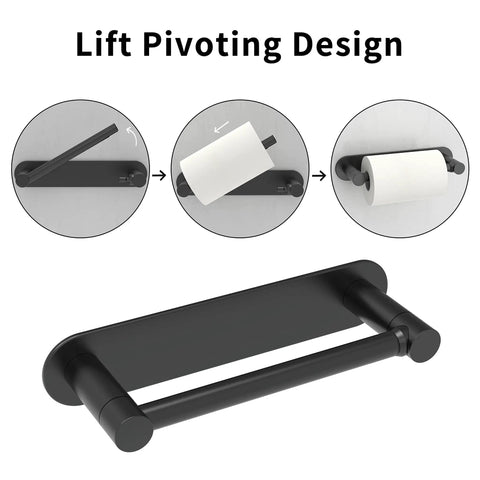Stick-On Matte Black Adhesive Toilet Paper Holder With Double Pivot Posts No Drill Rustproof Stainless Steel And Zinc Alloy Bathroom Roll Holder