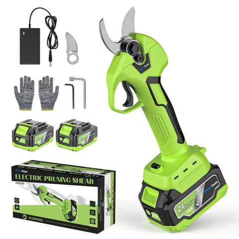 Cordless Electric Pruning Shears with Brushless Motor, Garden Pruner Up To 1.2 Inches in green with two 4.0Ah Batteries and tools