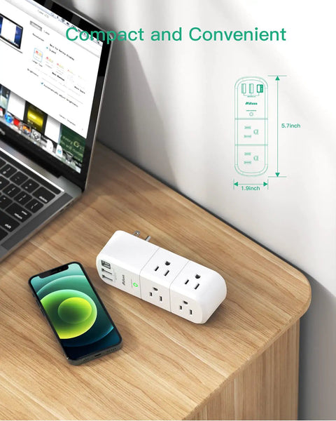 Rotating Plug Outlet Extender With Surge Protector 1800 Joules, 6 AC Outlets And 3 USB Ports USB-C Fast Charge, 3-Sided Swivel Power Strip For Home Travel Dorm Room Essentials