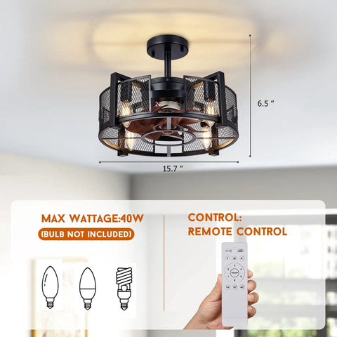 Industrial Style Ceiling Fan With Light For Living Room And Bedroom Black Enclosed Cage Ceiling Fan With Remote Six Speeds Ultra Quiet Noiseless DC Motor 16 Inch Vintage Industrial Design For Your Pad shown with remote control and light fixture.